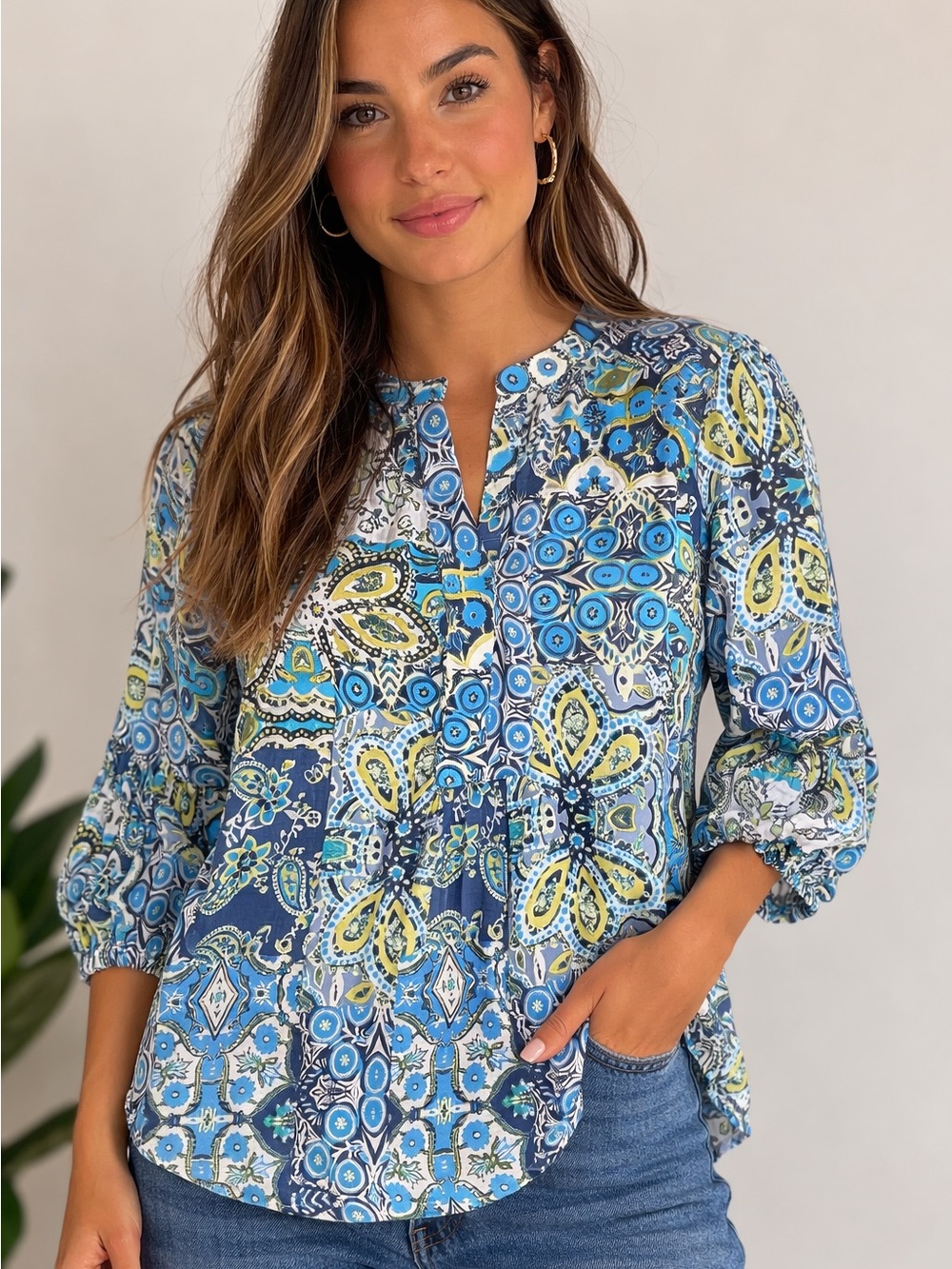 Counterparts Blue and Green Paisley Henley Tunic